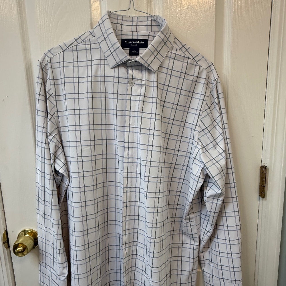 MIZZEN+MAIN Leeward Performance Dress Shirt –White/Blue Plaid Mens L Classic Fit
